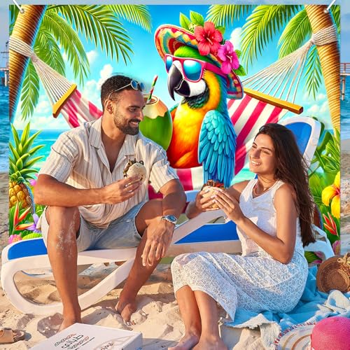 BlissYard Tropical Summer Backdrop 8x6ft Beach Photo Booth Background Colorful Parrot Hammock Ocean Island Theme for Luau Party Birthday Celebration Vacation Event Indoor Outdoor Photography Decor - color: Summer Beach#01