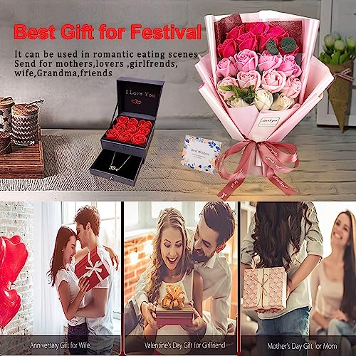 EIGHTOWN Roses Bouquet Artificial Flower - Preserved Red Flowers with Love Necklace for Her - Unique Gifts Valentine's Day, Mother's Day, Thanksgiving, Birthday, Anniversary… (Hotpink) - color: Hotpink