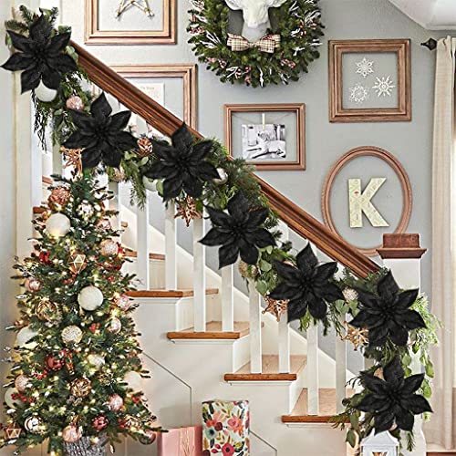 Briful 9'' Poinsettia Christmas Flowers 8PCS Black Glitter Floral Picks Large Xmas Ornament Flowers for Home Xmas Tree Wreath Garland Indoor Outdoor Decoration - color: Black