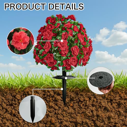 Artificial Flowers for Outdoors, Faux Outdoor Plants Fake Plants Topiary Balls Artificial Outdoor Set of 2 with Ground Spike for Home Front Porch Patio Garden Decor (Red) - color: Red