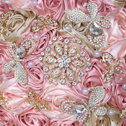Handmade Wedding Flowers Bouquet Round Holding Bridal Bouquet Artificial Satin Roses Bunch for Bride Bridesmaid Wedding Quinceanera - color: Blush Pink, Light Salmon & Camel Brown, size: Large (Dia. 9.8"/25cm)