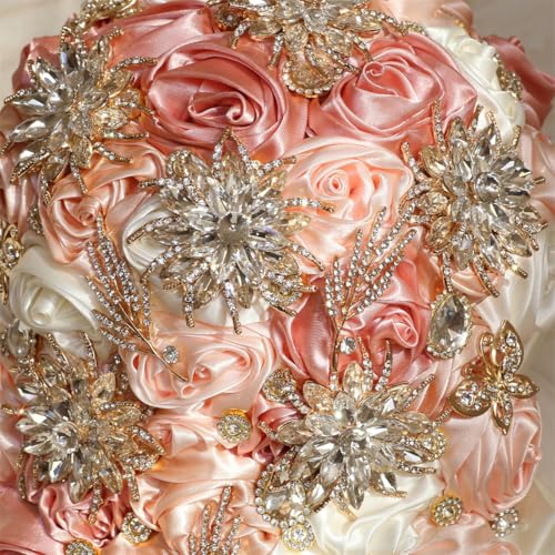 Handmade Satin Rose Water Drop Bridal Bouquet,8.7inch Crystal Wedding Round Tossing Bouquet,Jewelry Proposal Bridesmaid Bouquet Groom Corsage Bride Wrist Flower Ivory (Champagne Pink) - color: Champagne Pink