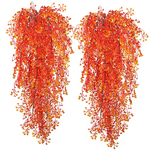 RECUTMS Fall Faux Hanging Plants 4 Pcs Artificial Fall Plants Large Faux Hanging Plant Autumn Fall Hanging Vines Wall Plants Thanksgiving Home Garden Wedding Party Indoor Outdoor Decor(Orange 4P) - color: 4p-orange