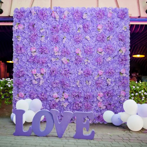 Flower Wall Backdrop 16.5''*16.5'' 12Pcs Artificial Floral Wall Panel 3D Silk Rose Decor for Wedding Home Thanksgiving Day Event Birthday Party Decoration - color: Purple, size: 16.5inch