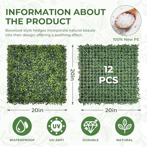 Artificial Grass Wall Panel Screen: 20"x20" 12P (33.5 sqft) UV-Anti Faux Boxwood Panels for Indoor Outdoor Green Wall Decor, Privacy Fence, Patio, Balcony, Party Backdrop - size: 20"x20" 12P