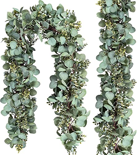 Ouddy Decor 2 Pack Eucalyptus Garland Total 13.1 Ft Lush Silver Dollar Leaves Boxwood Artificial Faux Greenery Vines for Baby Shower Wedding Party Table Runner Room Home Mantle Decor - color: Green, size: 2 Pack