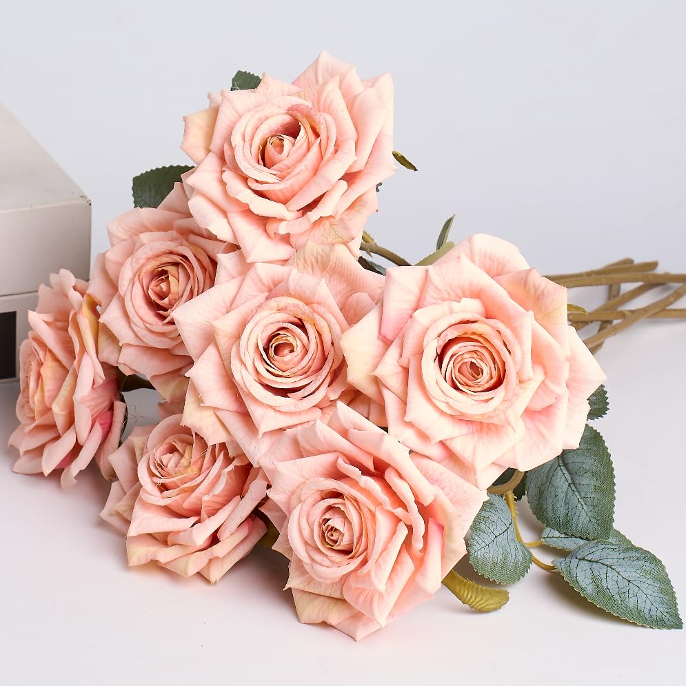 PONKING 3.1"(8cm) Manta Rose Artificial Flower 7pcs Realistic Faux Silk Roses Fake Flowers Bouquets Arrangements Decor for Wedding Spring Mother's Day, Home Table Decorations, Light Pink Flower - color: B 7pcs Light Pink Rose