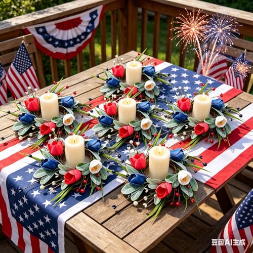 6 Pcs Patriotic Wreath Mini 4th of July Hanging Wreaths for Cabinets Artificial Red White Blue Tulip Berries Memorial Day Wreaths Pillar Candle Holder Wreath for Independence Day Porch Wall Decor - color: Patriotic-4