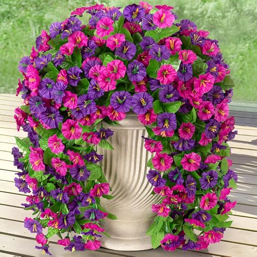 Artificial Fake Hanging Flowers Plants for Outdoor Decoration, 2PCS Faux Silk Morning Glory Long Vines Stems UV Resistant Look Real for Spring Summer Outside Home Porch Patio(Violet Red Purple) - color: Z-purple Violet