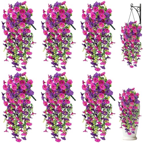 Artificial Hanging Flowers for Outdoors, 6 PCS Silk Morning Glory Artificial Flowers with Eucalyptus Leaves, UV Resistant Fake Flower Realistic Faux Plants for Home Patio Porch Garden, Purple+Fuchsia - color: Purple+fuchsia