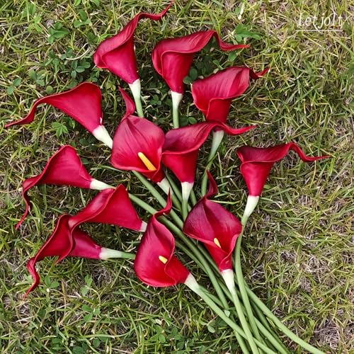 Letjolt Artificial Calla Lily Flowers 12Pcs, Dark Red | Wedding Bouquet, Home Decoration, Faux Calla Lilies - color: Dark Red