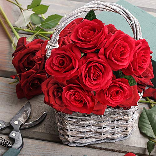 Mocoosy 12PCS Red Roses Artificial Flowers, Fake Roses with Long Stems Realistic Silk Rose Bouquets for Wedding Centerpiece Decorations, Faux Floral Arrangements Bridal Shower Party Home Table Decor - color: Red