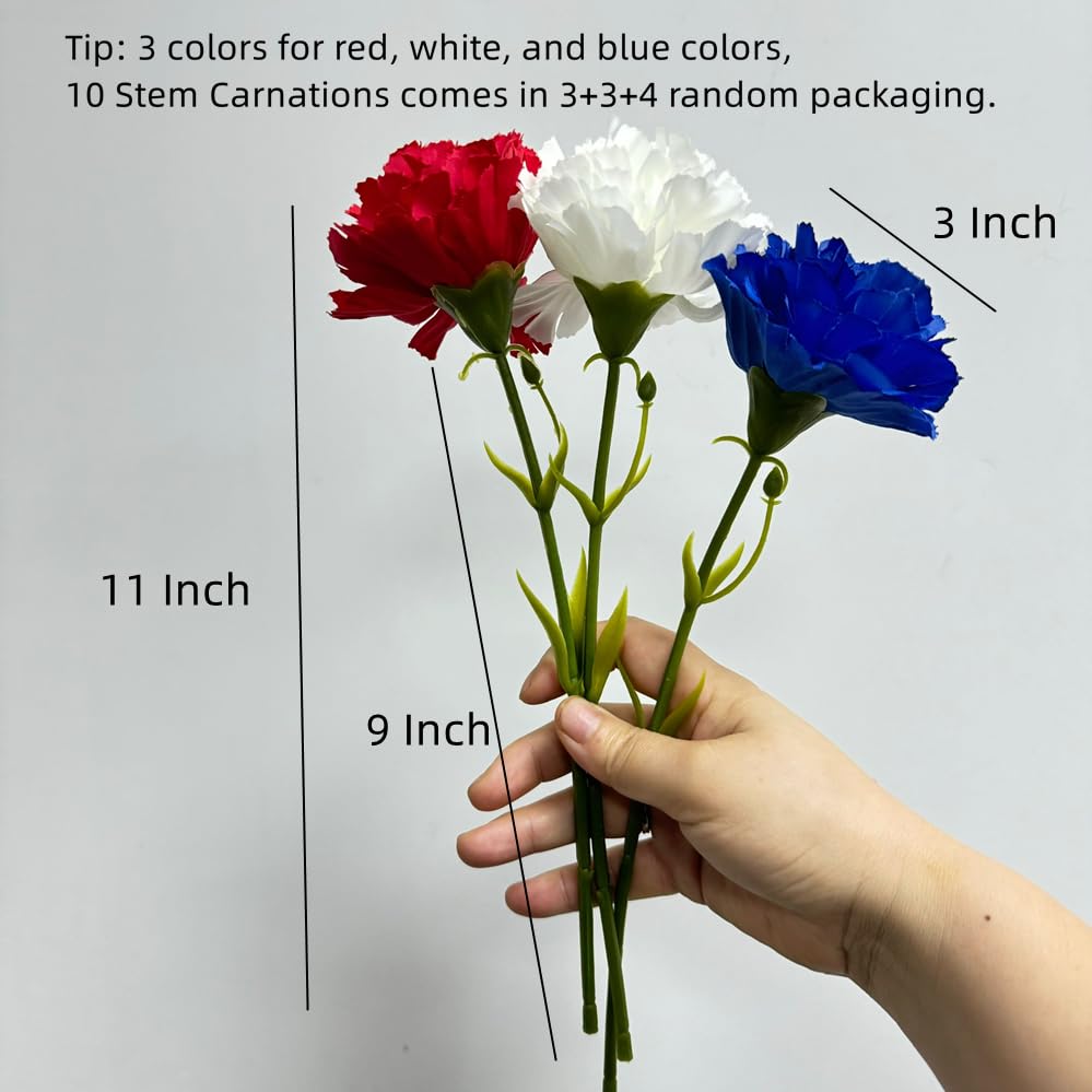 11 Inch Bouquets 10 Stem Carnations,Outdoor UV Resistant No Fade Artificial Flower,Mini Carnation Silk Petals Fake Flowers Forever Plants for Photo Props Home Party and Wedding Decor (Red White Blue) - color: Red White Blue