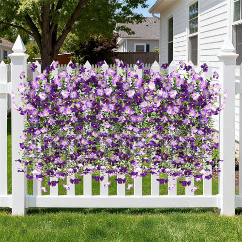 Artificial Fake Flowers Plants for Outdoor Spring Summer Decoration,2 PCS Faux Silk Morning Glory with Eucalyptus Leaves,UV Resistant Realistic Outdoor Flowers for Balcony Porch Patio Yard Garden - color: Double Purple