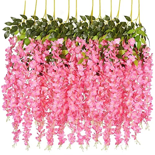 12 Pack Wisteria Flower Vines Garland, 3.75 Ft Artificial Flower Strings, Fake Hanging Flowers, Silk Wisteria Garland Flowers, Flower Vine for Wedding Garden Decor (Pink) - color: Pink
