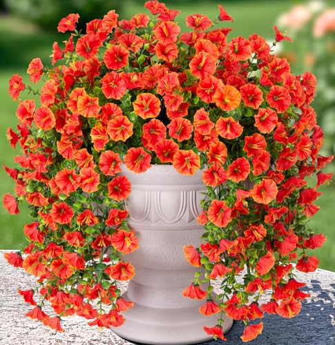 HyeFlora Artificial Faux Hanging Flowers Plants for Outdoor Decor,2 PCS Fake Silk Morning Glory with Eucalyptus UV Resistant Realistic Mums for Wall Home Porch Patio Balcony Yard Indoor Decor, Orange - color: Orange With Green Leaves