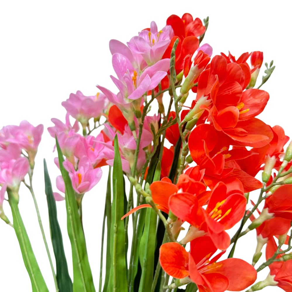 4pcs Freesias Flowers Artificial with Long Stem,24"Real Touch Dendrobium Plants Fake Orchid Leaves,Faux Larkspur Flowers for Outdoor Table Garden Party Wedding Bouquet Fillers,Patio Decor (Orange) - color: Orange