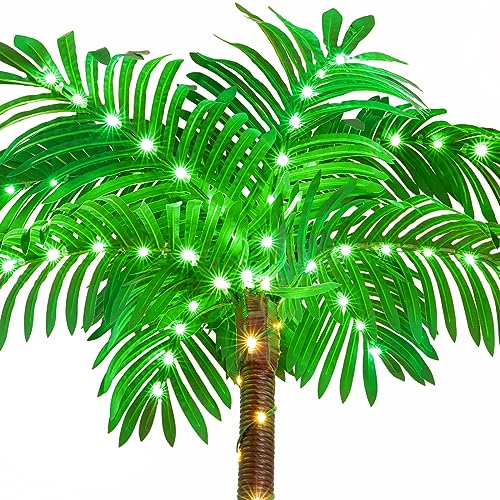 7FT Palm Trees for Outside Patio, Christmas Palm Trees Decor, Waterproof＆Windproof Solar Light Up Tree, Artificial Lighted Palm Tree Party Decorations for Outside Indoor Patio Decor