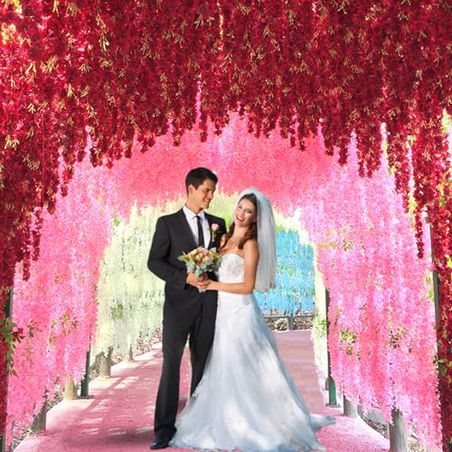 24pcs Wisteria Hanging Flowers,3.6 FT Fake Wisteria,Artificial Wisteria Hanging Flowers Wisteria Garland Arch Silk String for Wedding Garden Party Outdoor Home Wall Decoration (24pcs red)