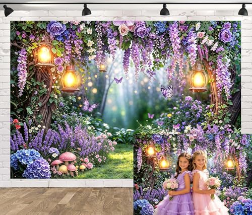 Spring Enchanted Forest Backdrop, Fairy Tale Wonderland Garden Backdrops for Photography, Purple Flower Mushroom Butterfly Woodland Fairy Tea Party Decorations Photo Booth Studio Props 5X3FT - color: Purple, size: 5X3FT