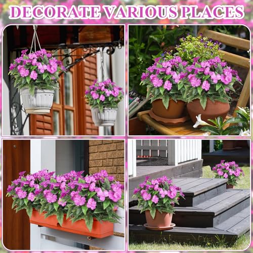 Wavwavw 6 Pcs Artificial Impatiens Bouquet Flowers for Outdoors 15 Inch Silk Flowers Greenery Artificial Impatiens for Outdoor Patio Lawn Garden Balcony Pot Hanging Basket Porch Decoration(Purple) - color: Purple