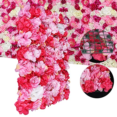 Flower Wall Panel, 24" x 16" 12Pcs Artificial Dark Pink Dahlia Rose Flower Wall Mat Faux Floral Wall Backdrop for Wedding Party Decoration - color: 12pcs Dark Pink