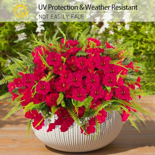 Artificial Flowers for Outdoors 12 Bundles Artificial Petunias Fake Flowers UV Resistant Shrubs Plants with Fern for Indoor Outside Hanging Planters Home Garden Summer Decorations(Rose Red) - color: Rose Red