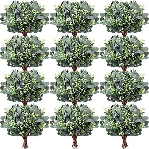 Janinka 60 Pcs Artificial Greenery Eucalyptus Stem Artificial Mixed Eucalyptus Stems Leaves Bulk with White Seeds Silver Dollar Faux Greenry Stems Sprays for Wedding Bouquet Decor Flower Arrangement