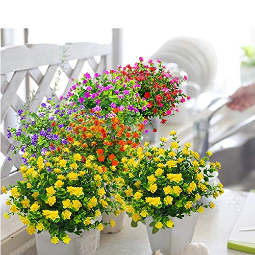 Grunyia 10 Bundles Artificial Fake Flowers, Faux Outdoor Plastic Plants UV Resistant Shrubs Outside Indoor Decorations (Yellow-Eucalyptus) - color: Yellow-eucalyptus