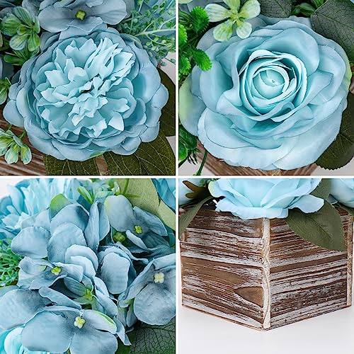 DILATATA Flower Arrangement with Wooden Vase 8" Artificial Flowers in Pot - Fake Flowers Roses Peonies Hydrangeas in Wooden Vase Potted Flower Centerpieces for Table Decor Living Room - Dusty Blue - color: 8"h Dusty Blue
