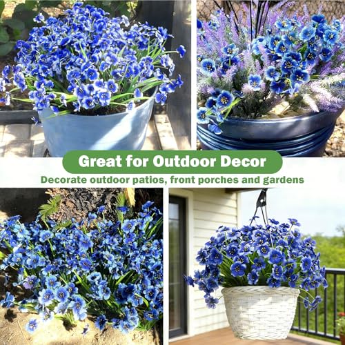 Nepfaivy Artificial Flowers Outdoor Blue - 24 Bundles Fake Flowers for Outside UV Resistant with Realistic Plastic Plants, Real Looking Faux Silk Flowers for Planters, Front Porch, Garden Decoration - color: Blue