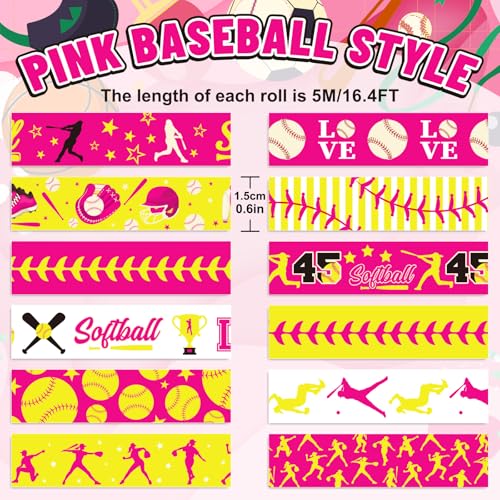 FYSUIMU 12 Rolls Softball Washi Tape Softball Birthday Party Decorations Sports Ball Masking Tape Set Pink Yellow Decorative Wrapping Paper Tapes for Scrapbook Journal DIY Art Crafts - style: Softball