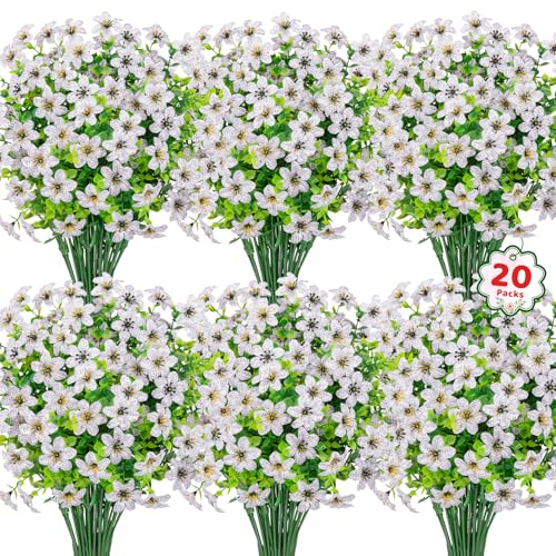 20 Bundles Artificial Flowers for Outdoors, Fake Silk Flowers UV Resistant Faux Realistic Plastic Plants for Spring Summer Porch Patio Garden Planter Window Box Home Decor, White - color: White