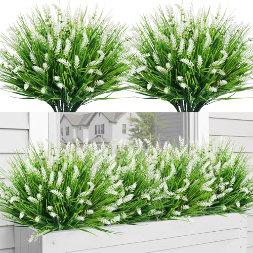 Bassion Artificial Flowers for Outdoors, 24 Bundles Fake Lavender Flowers UV Resistant White Plastic Plants Faux Monkey Grass for Home Porch Garden Window Box Indoor Outdoor Decorations - color: White, size: 24 Bundles
