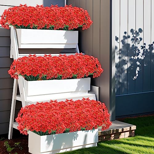 Kinisty 20 Bundles Outdoor Artificial Flowers UV Resistant with Red Faux Silk Flowers and No Fade Fake Plastic Plants for Spring Summer Outside Planters Porch Window Box Garden Decor - color: Red