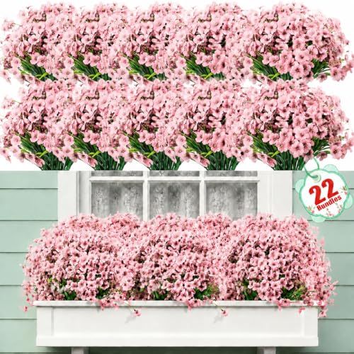 22 Pack Artificial Flowers Outdoor Fake Plants, Faux Flowers UV Resistant with Plastic Plants, Faux Silk Flowers for Outdoors Outside Front Porch Hanging Planter Window Box Garden Decoration(Pink) - color: Pink, size: 22 Bundles
