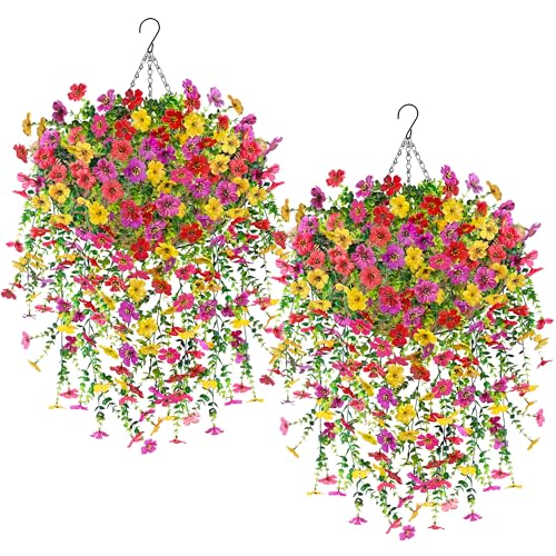 Der Rose 2Pcs Artificial Hanging Flower Basket for Outdoors Fake Hanging Flowers Plants with 4 Faux Silk Trailing Vines for Porch Patio Balcony Spring Decor - color: Multi-color-d