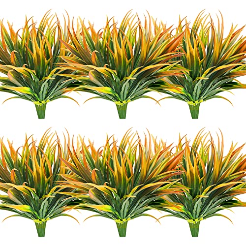 16 Pcs Outdoor Fake Plants UV Resistant Artificial Tall Grass Plants Faux Tropical Flowers Bushes Fall Winter Summer Planters Yard Patio Front Porch Décor Plastic Greenery Shrubs Decoration - color: Yellow Grass Plant, size: 16 Pcs