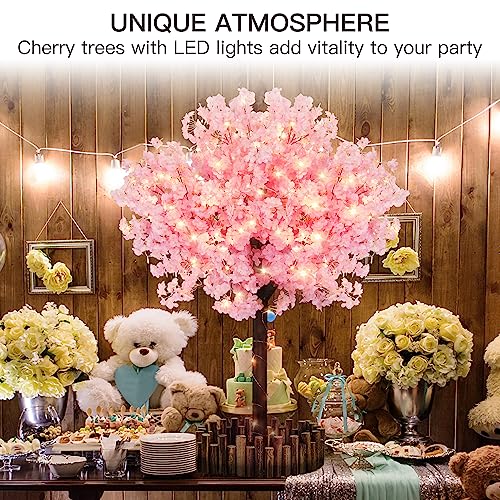 TTMDK 5FT Pink Artificial Cherry Blossom Tree with LED Light, Handmade Pink Cherry Tree, Christmas Cherry Blossom Tree Artificial for Party, Wedding, Home Decor, Indoor & Outdoor (1.5M / 6 Trunks) - size: 5ft