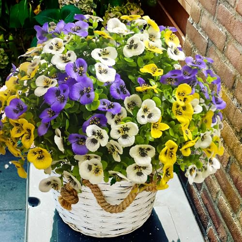Artificial Flowers for Outdoors Faux Plants, 14 pcs Realistic Fake Pansies Silk Flowers UV Resistant, Lifelike Faux Outdoor Flowers for Porch Garden Patio Window Box Decor - color: Purplewhiteyellow, size: 14