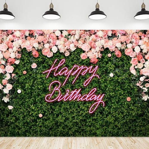 Riyidecor Happy Birthday Backdrop Backdrop Polyester Fabric Pink Rose Neon Flower Wall Green Leaves 5Wx3H Feet for Women Floral Blossom Photography Background Birthday Baby Shower Photo Studio Shoot - color: A-Birthday （Green Rose）, size: 5Wx3H