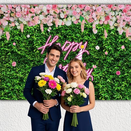 10 x 8 ft Happy Birthday Backdrop Large Green Grass and Flower Wall Background for Woman Men Birthday Party Decorations Banner Photo Booth Supplies Polyester - color: Grass Flower, size: 10x8 FT