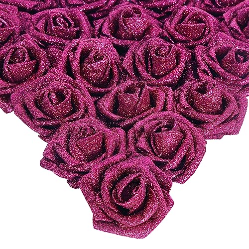 IPOPU Artificial Roses,25pcs Glitter Roses Glitter Flowers Foam Roses with Stems for DIY Wedding Bridal Bouquet Home Party Decoration(Deep Pink) - color: Deep Pink