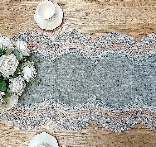 Elegant Vintage Lace Table Runner 36 inches(90cm) Long Grey Silver with Exquisite Macrame and Embroidered Floral Pattern Perfect as a Dresser Scarf (14X36'') - color: Grey Silver, size: 14''x36''(36x90cm)