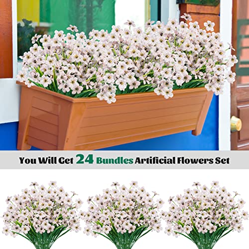 Lnoicy 24 Pcs Artificial Flowers for Outdoor,Plastic Flowers Decoration, UV Resistant Faux Flowers Shrubs, Artificial Plants for Indoor Outside Garden Home Wedding Farmhouse(White) - color: White, size: 24