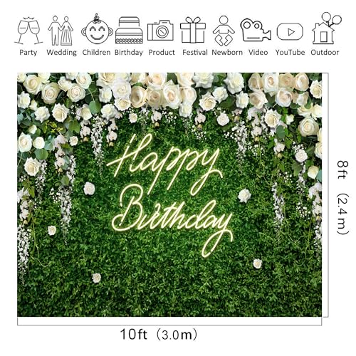 Riyidecor Green Leaves Birthday Backdrop Vinyl Neon White Rose Flower Floral Blossom Elegant Greenery Grass Wall Botanical Plant 10Wx8H Feet Photography Background Birthday Photo Studio Shoot - color: A-Birthday （White Rose）, size: 10Wx8H