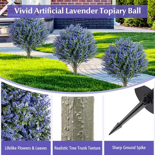 Goplus Set of 2 Artificial Lavender Topiary Ball Trees, 24” Faux Shrub Bushes with Ground Spikes, Sun-Proof Indoor Outdoor Fake Evergreen Plants for Porch, Garden, Yard, Home Decoration - color: Lavender