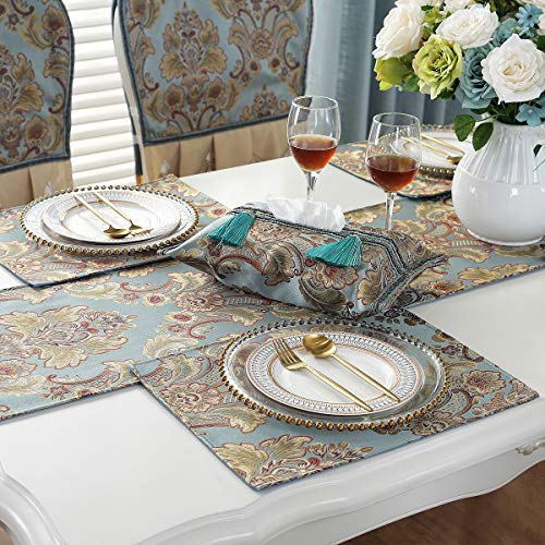 kilofly 6pc Elegant Floral Brocade Jacquard Table Placemats (11.8 x 15.7 in) - color: Blue, size: 11.8*15.7 inch