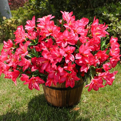INSPRING Artificial Flowers for Outdoors Outside Summer Decoration, 3 Bundles Fake Silk Azalea Plants UV Resistant Realistic Faux Flowers for Outdoor Planters Front Door Patio Garden Home, Hotpink - color: Hotpink