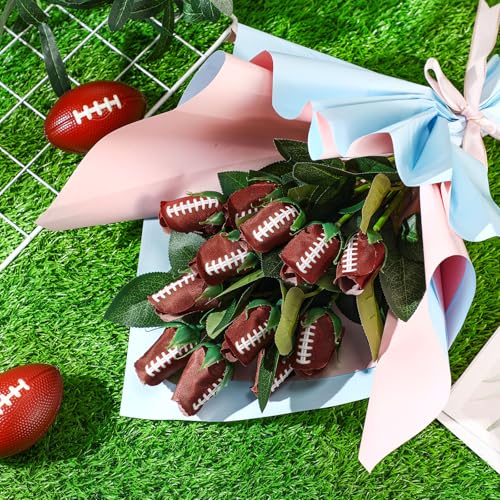 Suhine 12 Pcs Artificial Football Rose Flowers Sports Party Favors Bulk for Birthday Graduation Wedding Party Decorations Table Centerpieces Game Day Tailgate Senior Night Gift(Football Color, Normal) - color: Football Color, size: Normal